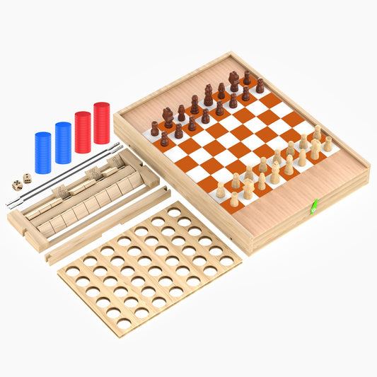 5-in-1 Wooden Board Game Set with Chess, Checkers, Shut The Box, Hockey Game Sling Puck, for Kids, Adults and Family Fun.