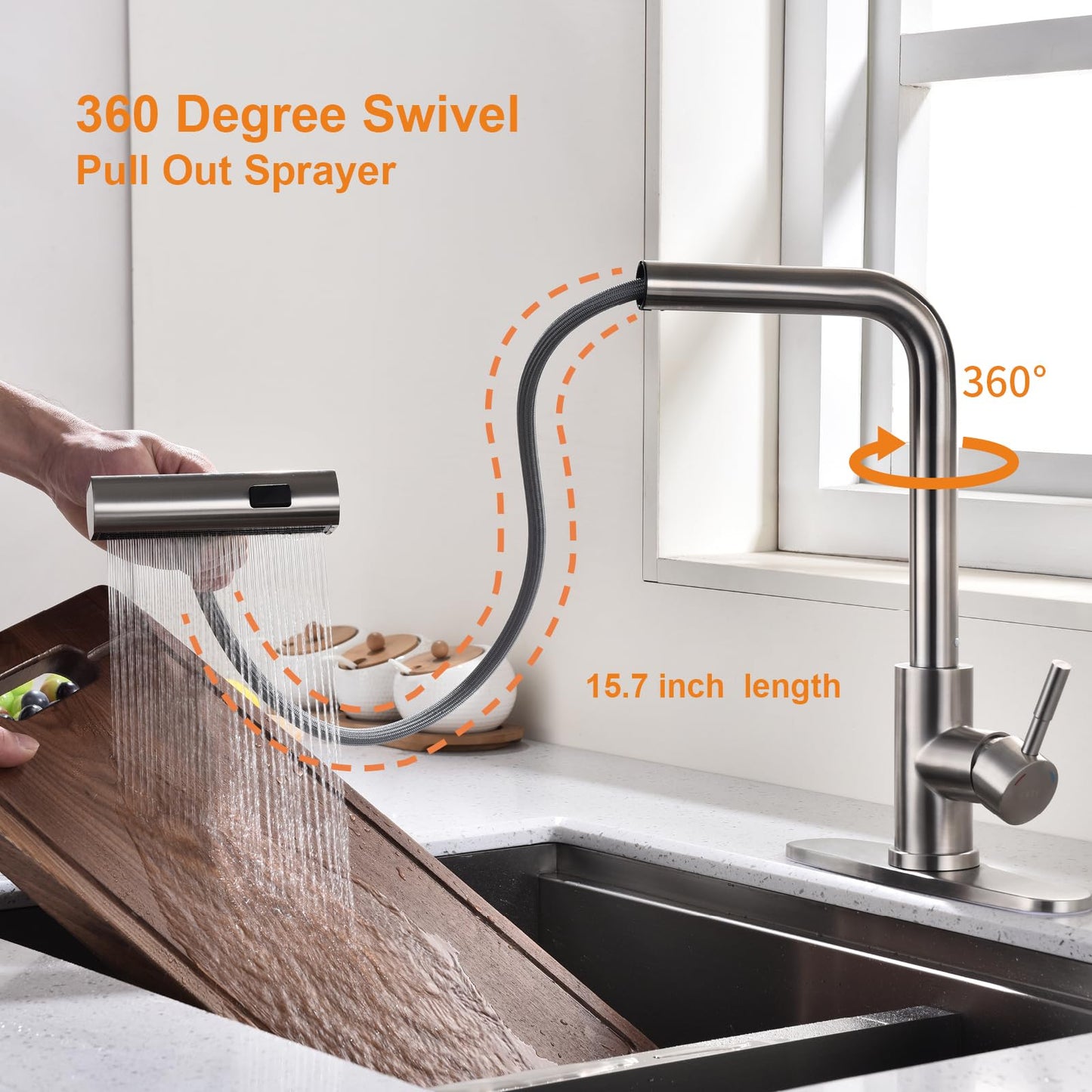 KEER Waterfall Kitchen Faucet with Pull Down Shower, Single Handle and 360° Swivel Stainless Steel Single Hole Kitchen Sink Faucet, Brushed Nickel
