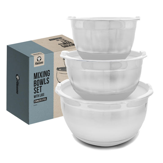Chef Pomodoro Stainless Steel Mixing Bowl Set, Metal Mixing Bowls with Lids Set, Non-Slip Silicone Base, Nesting Bowls - 3 Piece (1.5 Qt, 3 Qt, 5 Qt), Mixing Bowls for Kitchen, Salad, Baking (Grey)