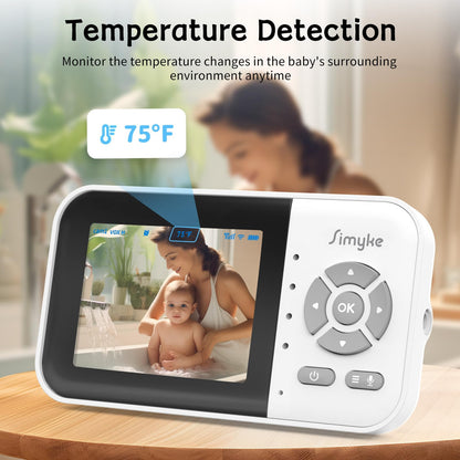 Simyke Video Baby Monitor with Camera No WiFi 1200ft Long Range, 2.8" Plug & Play Diaplay, Auto Night Vision, 5 Lullabies Portable Baby Sound Monitor, Baby Room Use, for Baby/Elderly