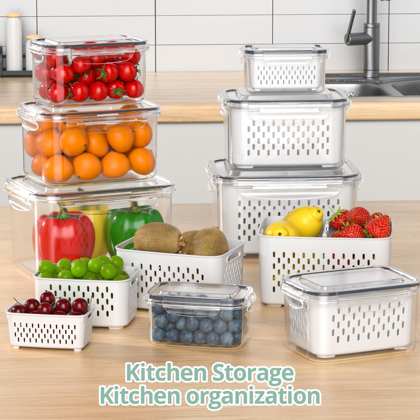 Fruit Storage Containers for Fridge with Removable Colander, 24PCS Fruit Containers for Fridge with 2 Function Divider Plate, Airtight Storage Container to Keep Berry Fruit Fresh, Dishwasher Safe