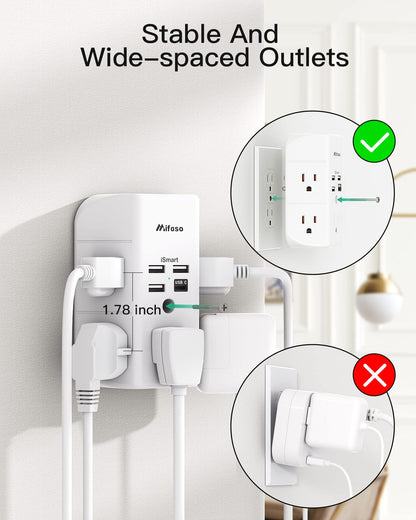 Wall Outlet Extender with Outlet Splitter Surge Protector USB Wall Charger with 5 Outlet Extender and 3 USB Ports, 1 USB C, 3-Sided Power Strip Multi Plug Outlets