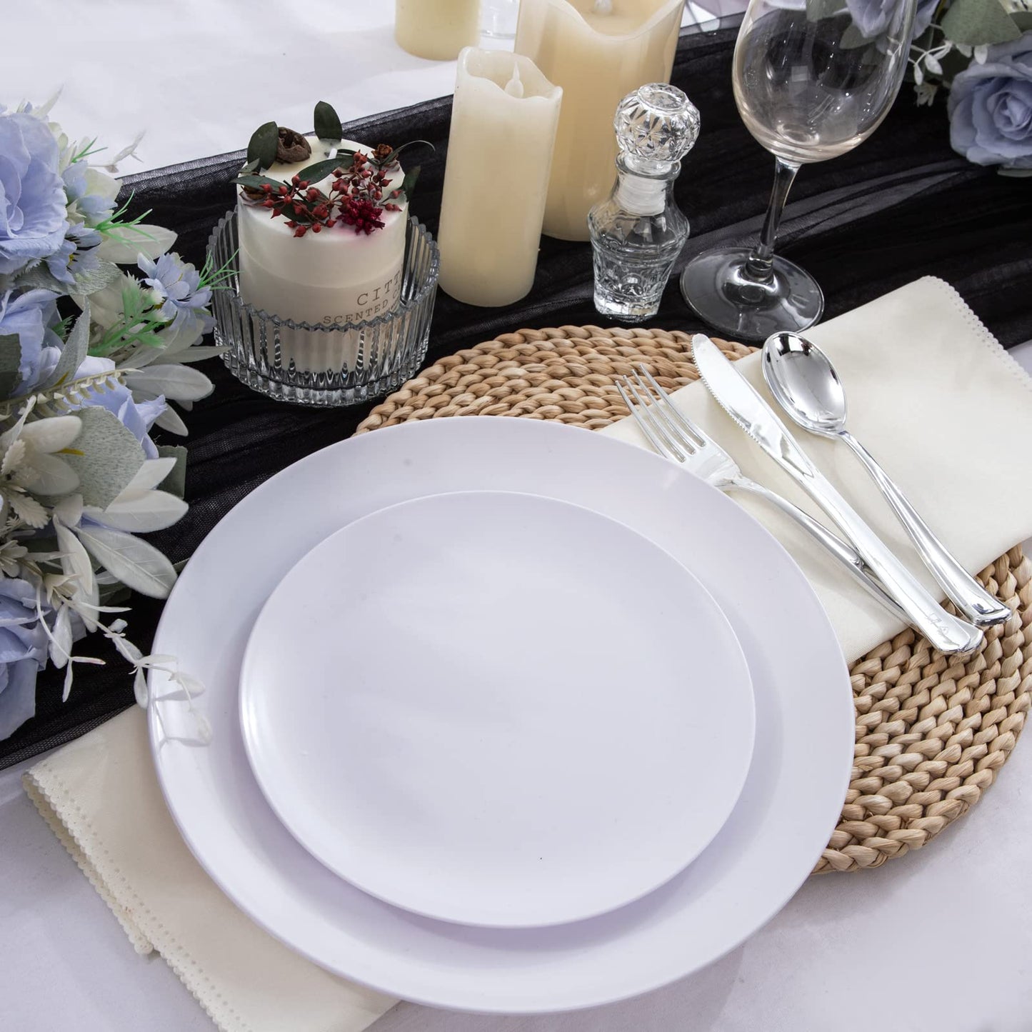 UPDATE: DEAD ❗ YOUBET 150 PCS White Plastic Plates & Silver Plastic Silverware-White and Silver Plastic Dinnerware include 30White Dinner Plates, 30 White Plates, 30Silver Cutlery Perfect for Wedding Party
