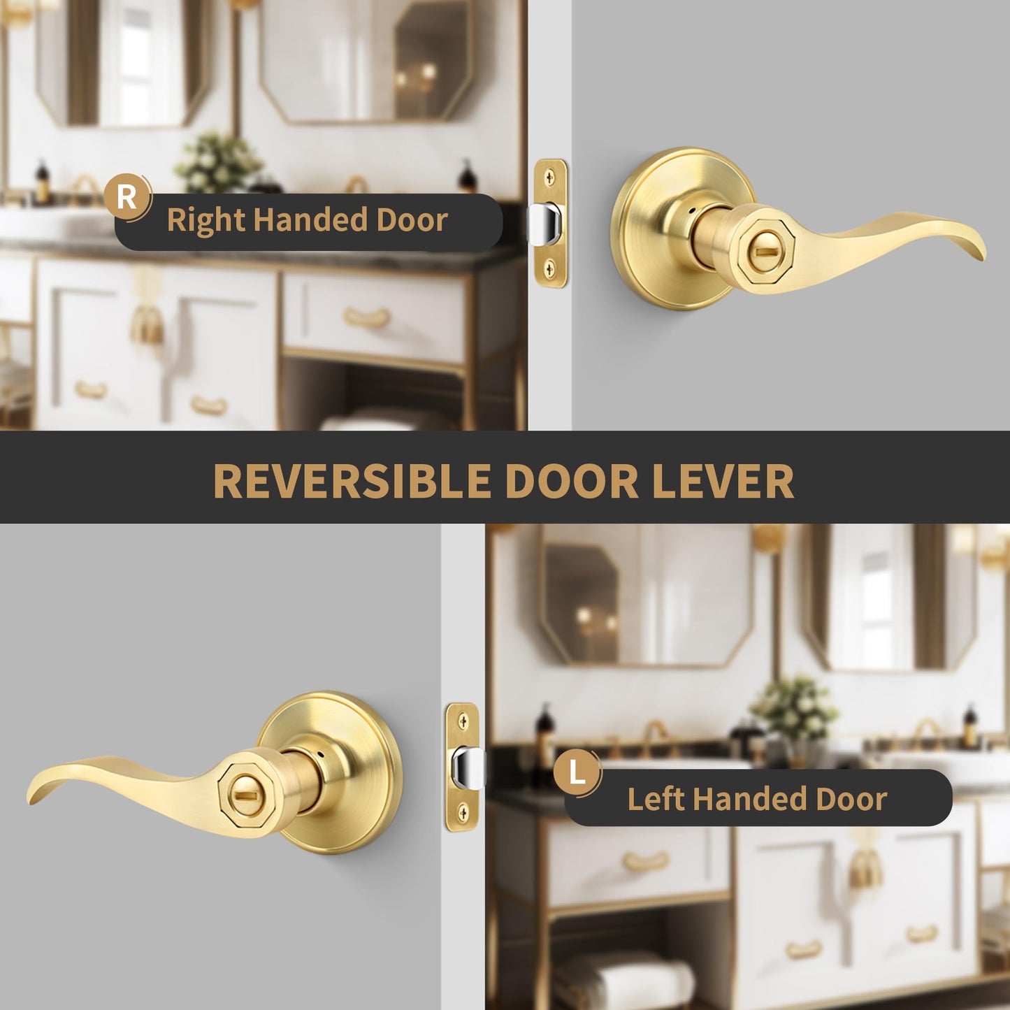 3 Pack Brushed Gold Privacy Wave Door Lever Set