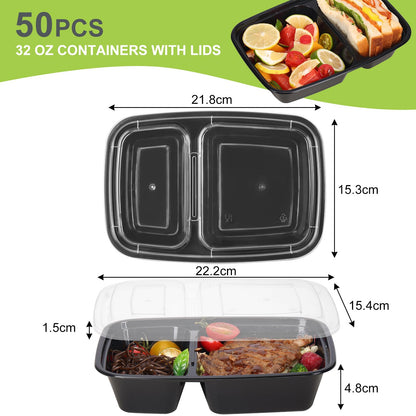 Moretoes 50 Pack 32oz Meal Prep Containers Reusable 2 Compartment Food Storage Containers with Lids Plastic Stackable To Go Boxes Microwave, Freezer, Dishwasher Safe