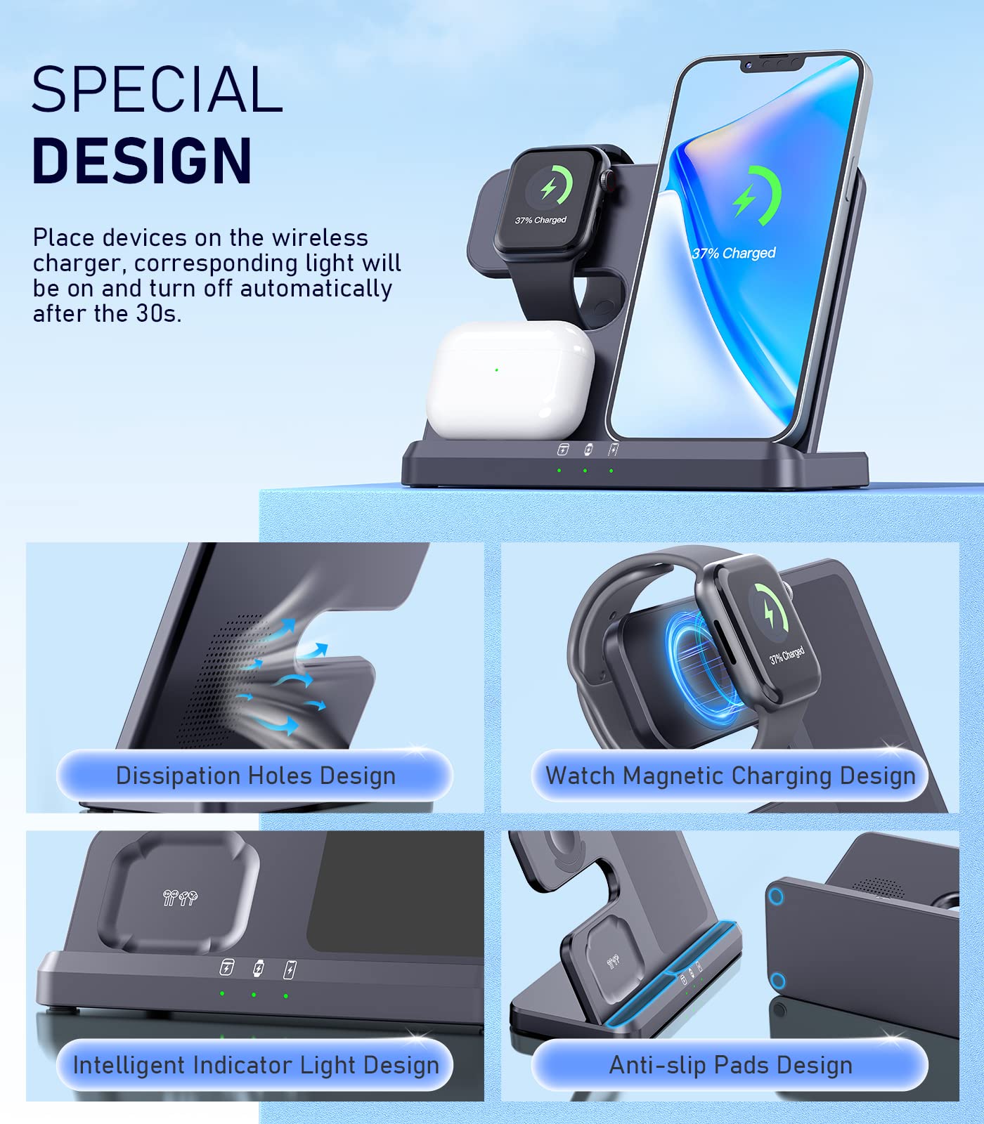 3 IN1 Wireless Charging Station Apple,20W Fast Wireless Charger Stand, iPhone Wireless Charger Station Dock for iPhone14-11/Pro/Max/Mini/X/XR/8/Plus,Airpods Pro/3/2,Apple Watch Series (18W Adapter)