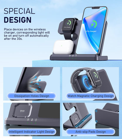 3 IN1 Wireless Charging Station Apple,20W Fast Wireless Charger Stand, iPhone Wireless Charger Station Dock for iPhone14-11/Pro/Max/Mini/X/XR/8/Plus,Airpods Pro/3/2,Apple Watch Series (18W Adapter)