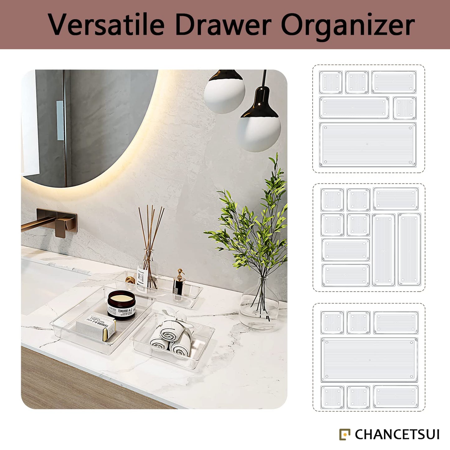 13 Pack Clear Drawer Organizer Set with Non-Slip Pads, 5-size Plastic Drawer Trays, Desk Drawer Dividers, Storage Bins for Makeup, jewelry, Utensils in Bedroom Dresser, Gadgets, Office, and Kitchen