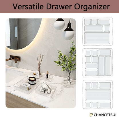13 Pack Clear Drawer Organizer Set with Non-Slip Pads, 5-size Plastic Drawer Trays, Desk Drawer Dividers, Storage Bins for Makeup, jewelry, Utensils in Bedroom Dresser, Gadgets, Office, and Kitchen
