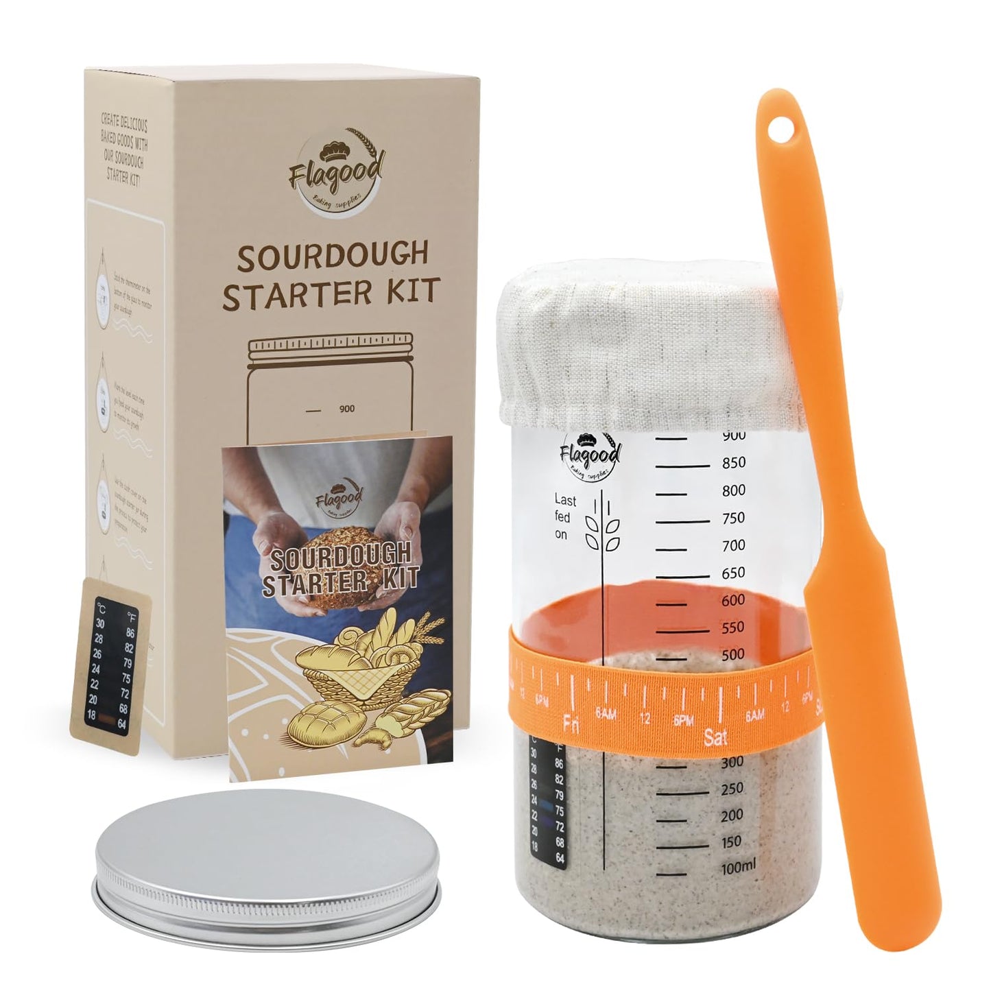 Sourdough Starter Jar-34oz/1000ml, Sourdough Starter Kit With Glass Jar,Thermometer Strips,Date Marked Feeding Band,Silicone Scraper,Cloth Cover & Lid,Sourdough Bread Baking Supplies for Beginners