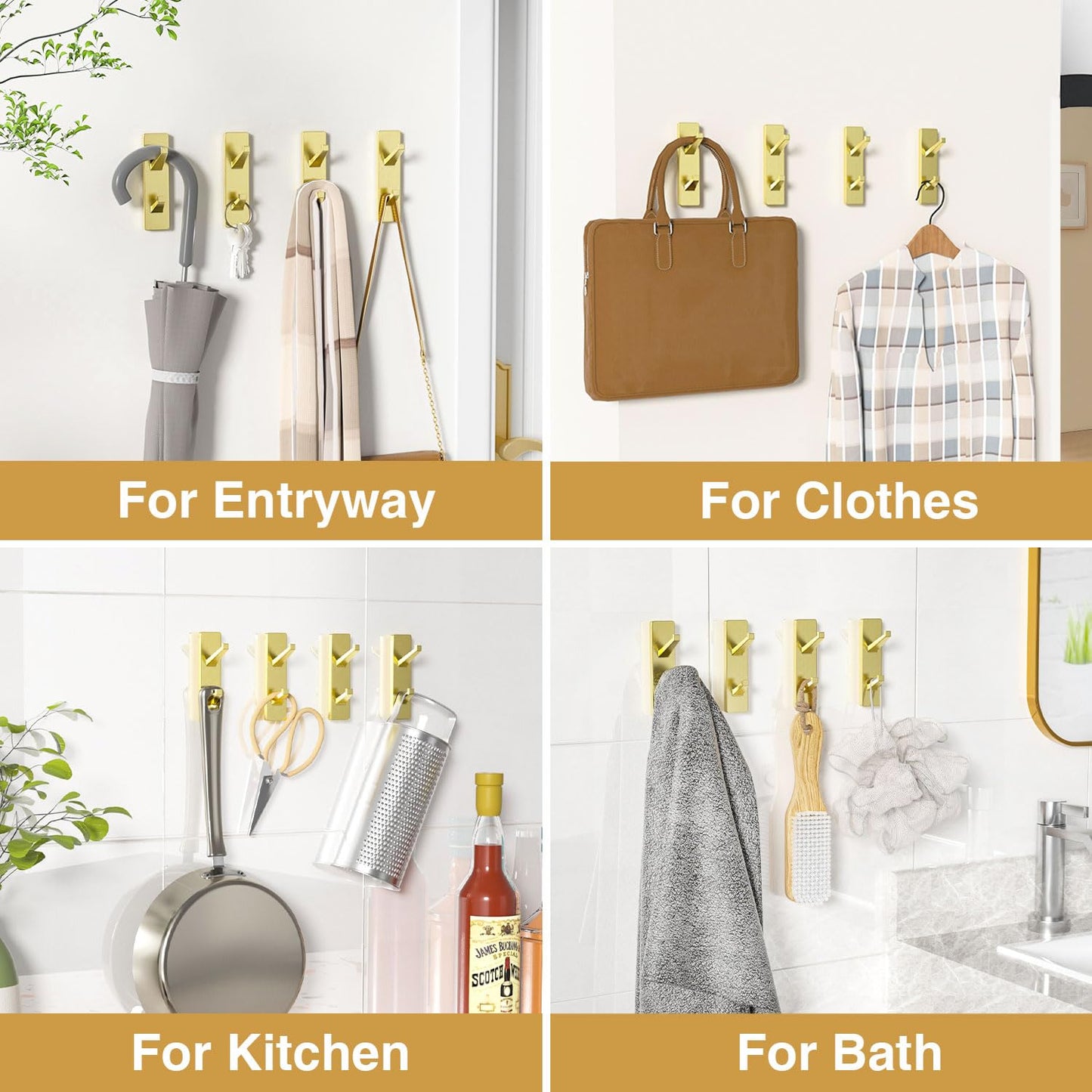 susswiff 6 Pack Gold Adhesive Hooks, Sticky Hooks Extra Strong,Heavy Duty Stick On Wall Door Hooks for Hanging,Bathroom Tower Hooks,Coat Hooks Robe Hook Wall Mounted, Kitchen Hallway Hooks,Stainless