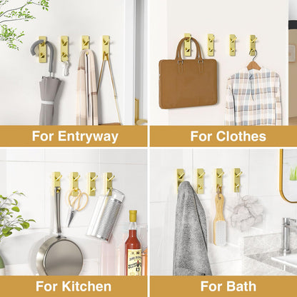 susswiff 6 Pack Gold Adhesive Hooks, Sticky Hooks Extra Strong,Heavy Duty Stick On Wall Door Hooks for Hanging,Bathroom Tower Hooks,Coat Hooks Robe Hook Wall Mounted, Kitchen Hallway Hooks,Stainless