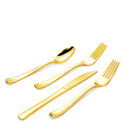 Lullaby 320pcs Gold Plastic Silverware, Gold Disposable Silverware Include 120 Forks, 100 Spoons, 100 Knives, Gold Plastic Flatware, Gold Cutlery Set Disposable for Weddings, Party and Daily Use