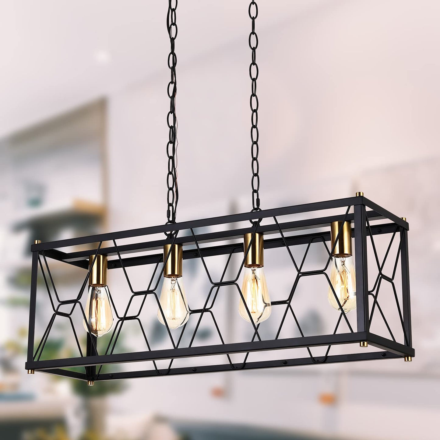 Luburs Rectangle Chandeliers for Dining Room, Black Farmhouse Dining Room Light Fixture, 4-Lights Kitchen Island Light, Modern Industrial Rustic Island Lights for Dining Room, Kitchen Island