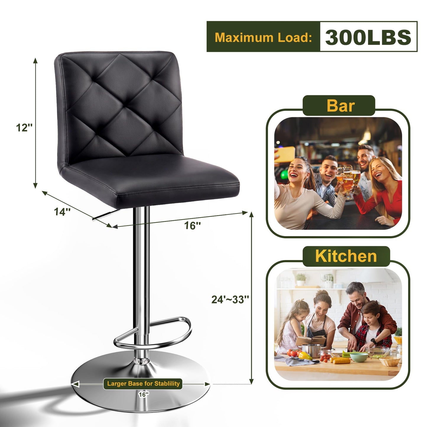 NicBex Adjustable Bar Stools Swivel Barstools, Modern PU Leather Dining Room Kitchen Island Counter Bar Stools Set of 2