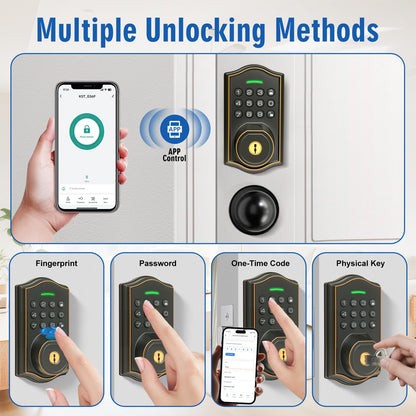 Fingerprint Smart Locks for Front Door with Handle Set,Smart Locks for Front Door,Keyless Entry Keypad Deadbolt, App Control,with 2 Knob,Anti-Peek Password,Easy Install,Auto Lock,Satin Nickel