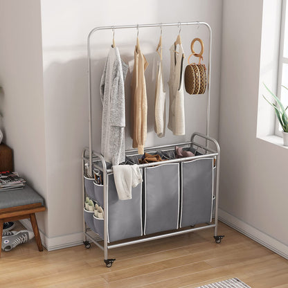 Laundry Sorter 3 Bag Laundry Hamper Cart with Clothes Hanging Bar Rolling Lockable Wheels and Removable Bags for Laundry Room Bathroom Bedroom Clothes Storage, Grey