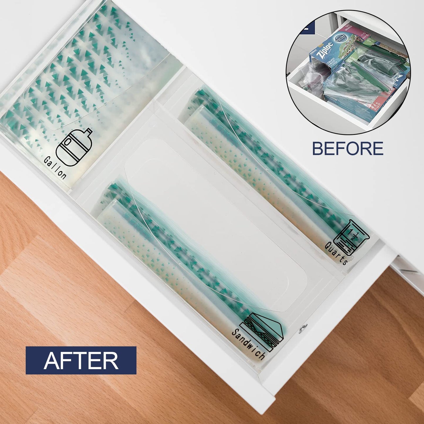 VANKVIN Ziplock Bag Storage Organizer Holders Acrylic Food Plastic Baggie Dispenser Applicable Kitchen Drawer and Pantry Compatible With Ziploc ,Sandwich, Glad,Gallon ,Snack ,Quart Size Bag