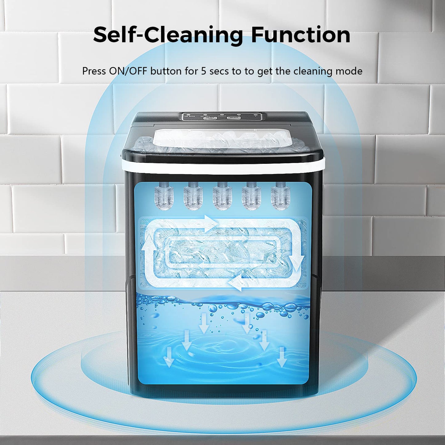 AGLUCKY Ice Makers Countertop with Self-Cleaning, 26.5lbs/24hrs, 9 Cubes Ready in 6~8Mins, Portable Ice Machine with 2 Sizes Bullet Ice/Ice Scoop/Basket for Home/Kitchen/Office/Bar/Party, Black