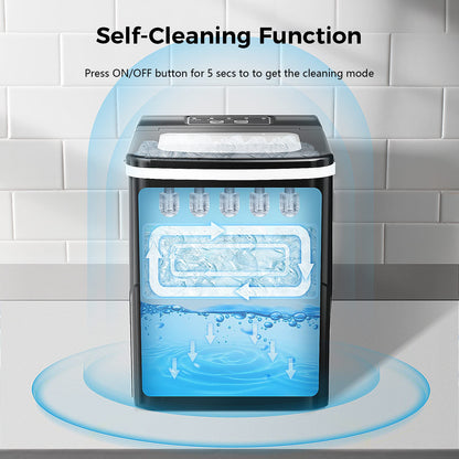 AGLUCKY Ice Makers Countertop with Self-Cleaning, 26.5lbs/24hrs, 9 Cubes Ready in 6~8Mins, Portable Ice Machine with 2 Sizes Bullet Ice/Ice Scoop/Basket for Home/Kitchen/Office/Bar/Party, Black