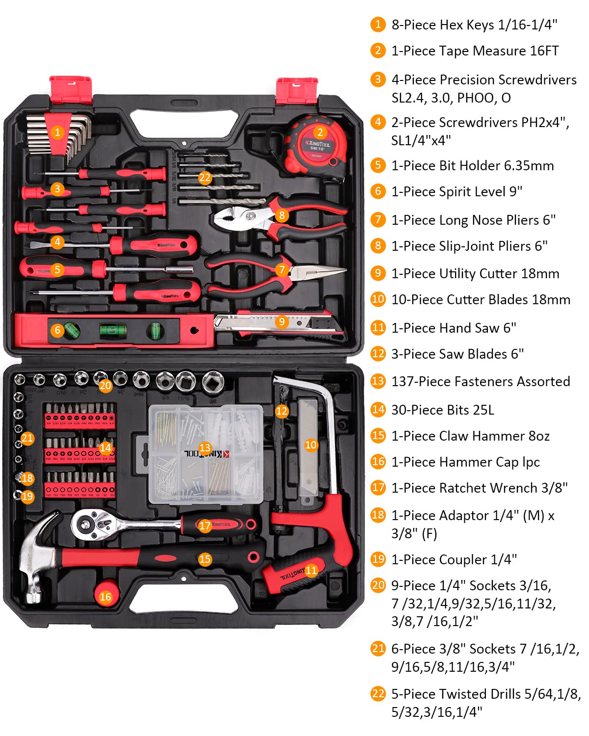 KingTool Home Repair Tool Kit - 226 Piece General Home/Auto Repair Tool Set, General Mechanic Tool Set, General Household Tool Kit, Perfect for Homeowner, Diyer, Handyman