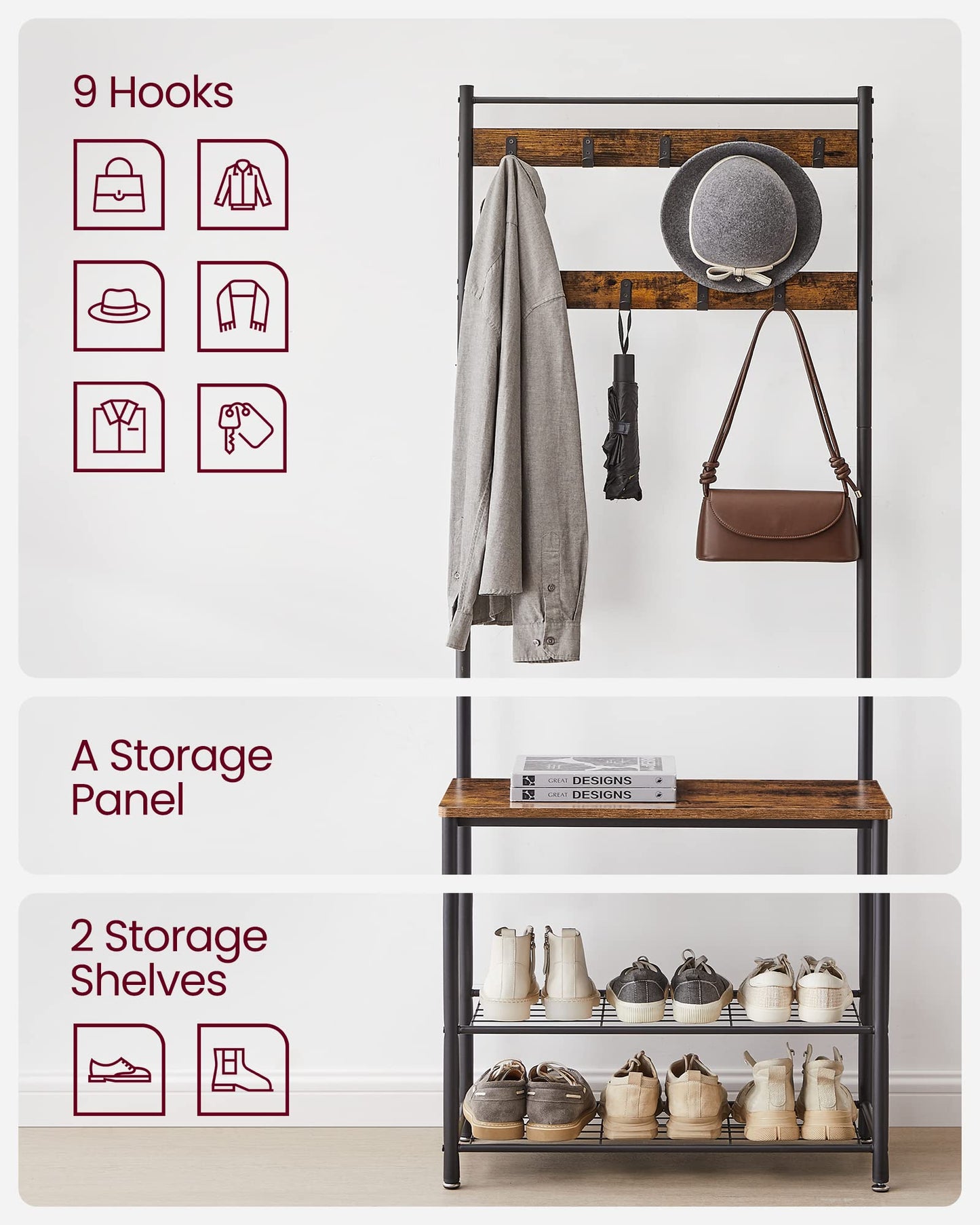 VASAGLE 3-in-1 Coat Rack with Shoe Storage