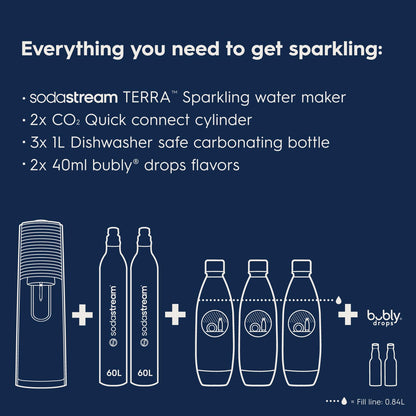 SodaStream Terra Sparkling Water Maker Bundle (Misty Blue), with CO2, DWS Bottles, and Bubly Drops Flavors