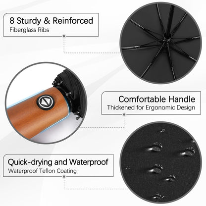 Windproof Travel Umbrella with Wood Handle