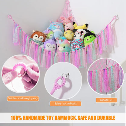 Stuffed Animal Storage Macrame Boho Plush Toy Net Hammock for Stuffed Animals with Light Pet Net for Stuffed Animals Corner Hanging Stuffed Animal Holder Teddy Bear Net for Kids Room
