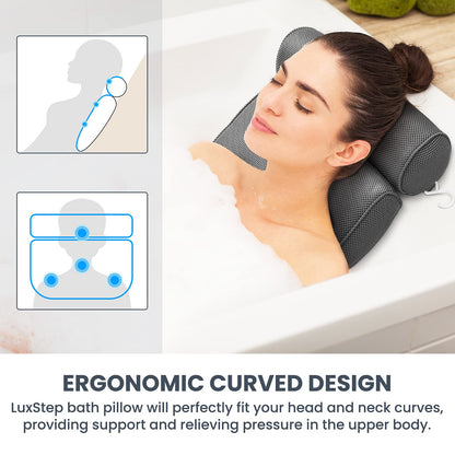 LuxStep Bath Pillow Bathtub Pillow with 6 Non-Slip Suction Cups,14.6x12.6 Inch, Extra Thick and Soft Air Mesh Pillow for Bath - Fits All Bathtub, Grey