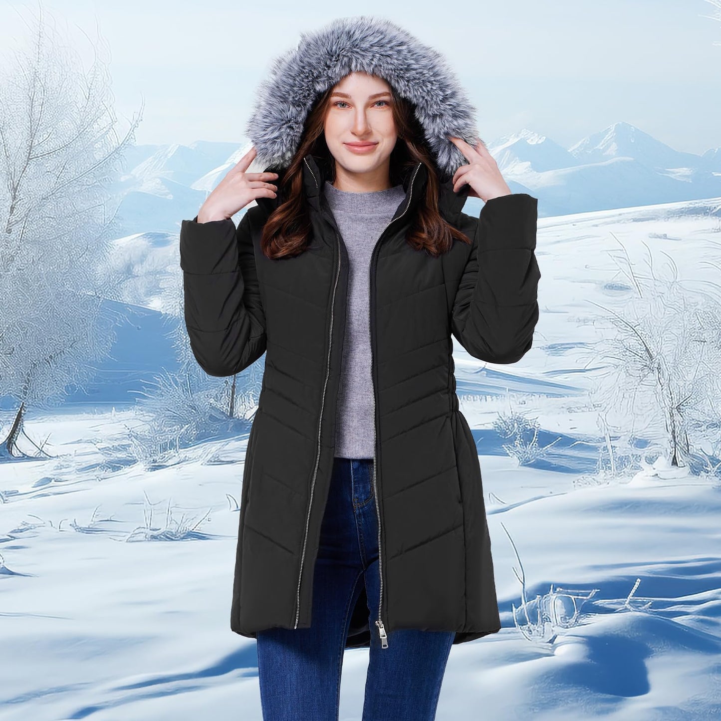 WULFUL Women's Winter Coats Long Warm Thicken Puffer Jackets Outwear With Removable Fur Hood