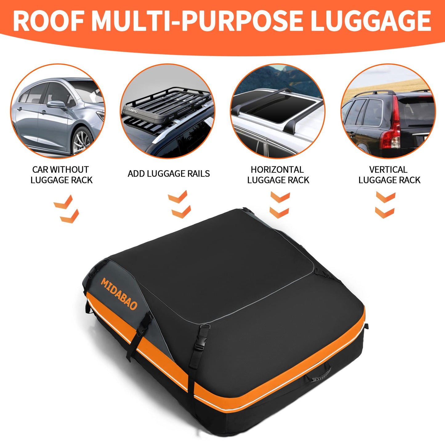 MIDABAO Thickened 20 Cubic Waterproof Duty Car Roof Top Carrier-Car Cargo Roof Bag Car Roof Top Carrier - Easy to Install Soft Rooftop Luggage Carriers with Wide Straps 20 Cubic Feet, ROB01