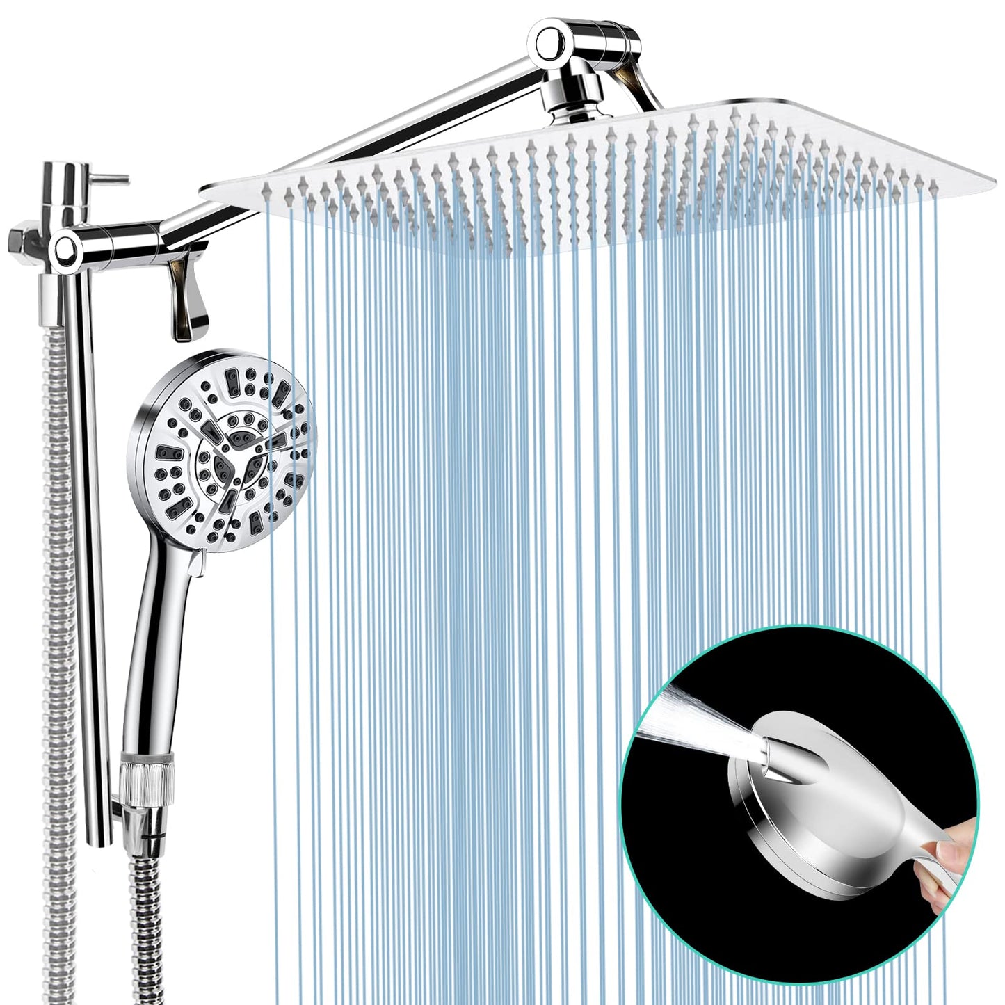 Shower Head with Handheld, 10'' High Pressure Rain Shower Head/10 Modes Handheld Shower Heads Power Wash Back with 11'' Extension Arm, Holder, 5ft Hose, Flow Regulator, Chrome, Height/Angle Adjustable