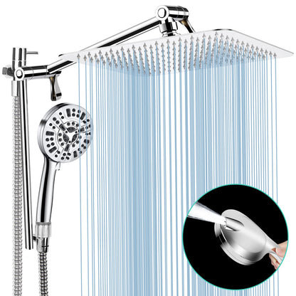 Shower Head with Handheld, 10'' High Pressure Rain Shower Head/10 Modes Handheld Shower Heads Power Wash Back with 11'' Extension Arm, Holder, 5ft Hose, Flow Regulator, Chrome, Height/Angle Adjustable