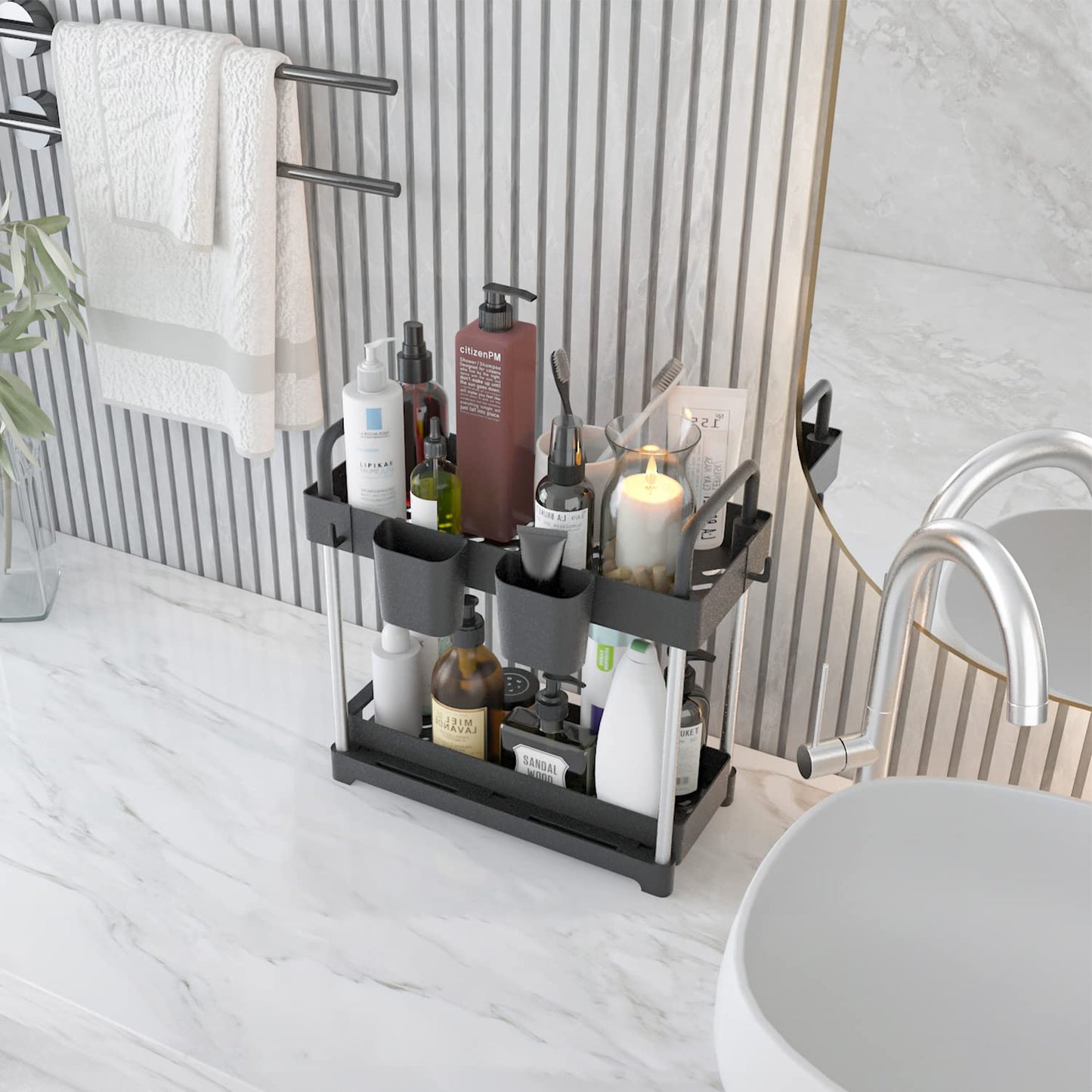 PROFECTUS Under Sink Organizers and Storage, 2-Tier Sliding Under Bathroom Cabinet Organizer with Hooks,Hanging Cup,Handrail,Multi-Purpose Storage Shelf for Kitchen Bathroom