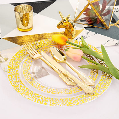 Clear Gold Plastic Plates Set for Parties