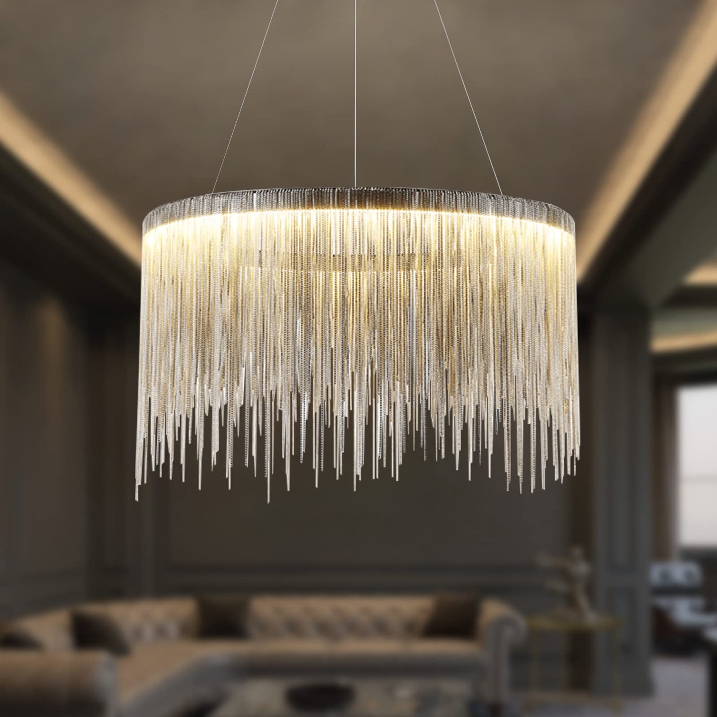 Siljoy Modern Round Aluminum Tassel Chandelier, LED Linear Chrome Chain Pendant Light Stainless Steel Ring Suspension Lighting Fixture for Dining Room Kitchen Island Dia 20" x H14