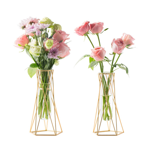 Grensuk 2PC Gold Glass Vase for Home Decor,Flower vase for Decor Geometric vases for centerpieces Gold vases for centerpieces Modern vases for Flowers Wedding Home Office Centerpiece (2PC 8.7 inch)