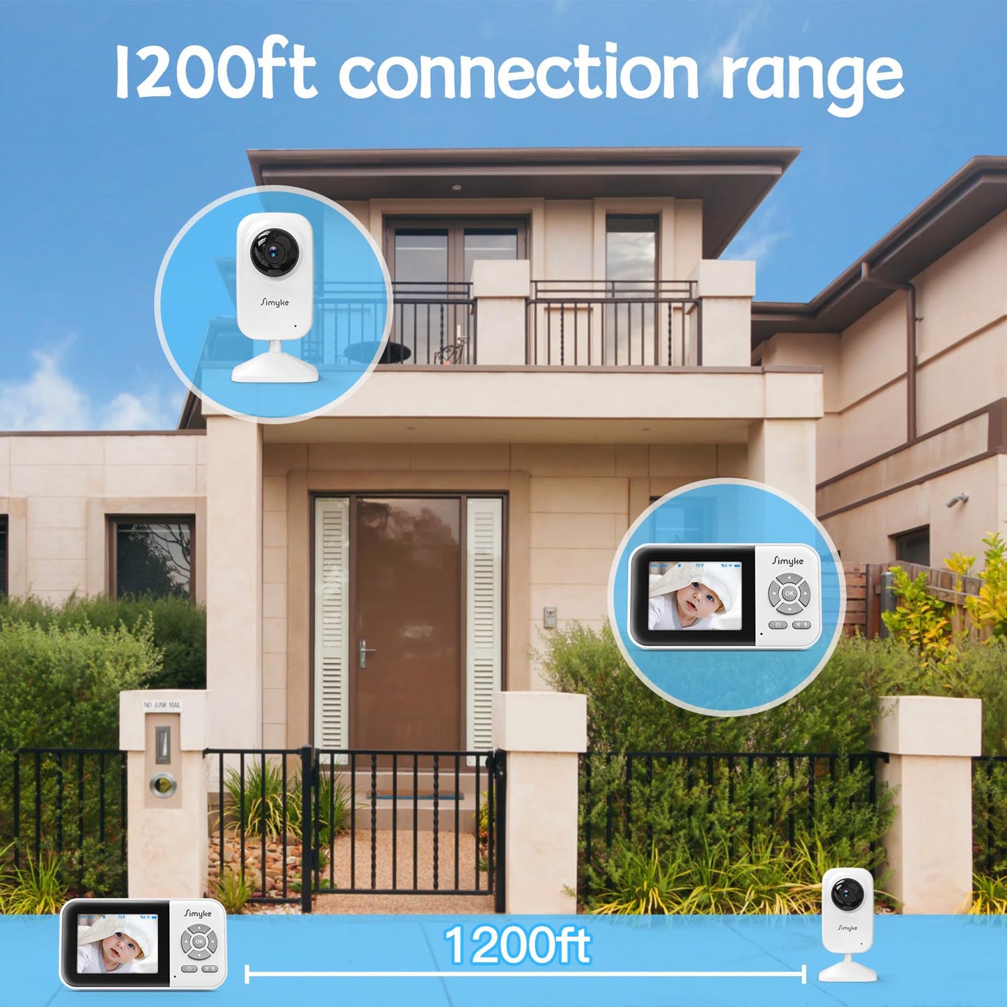 Simyke Video Baby Monitor with Camera No WiFi 1200ft Long Range, 2.8" Plug & Play Diaplay, Auto Night Vision, 5 Lullabies Portable Baby Sound Monitor, Baby Room Use, for Baby/Elderly