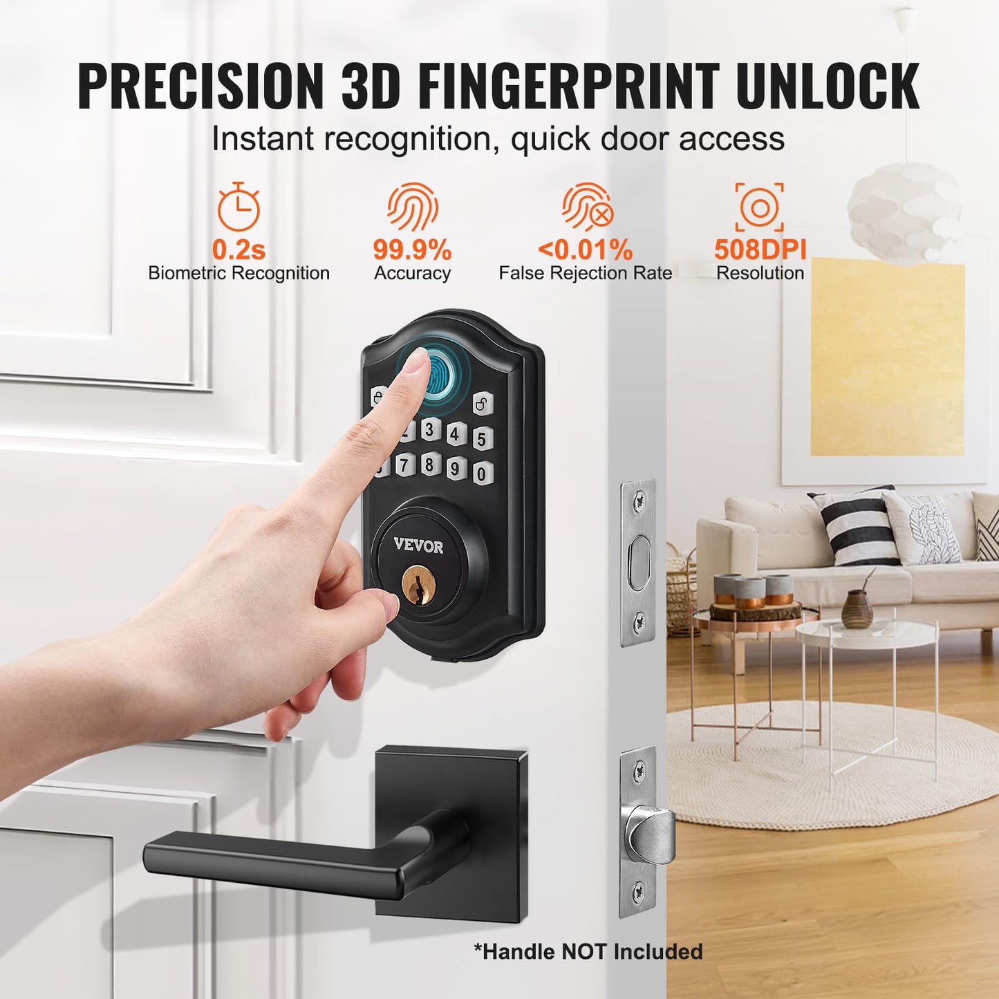 VEVOR Fingerprint Door Lock, Keyless Entry Door Lock with Fingerprint/Keypad Code/Key, Auto Lock, Anti-Peeking Password, Electronic Keypad Deadbolt with 300 Users, IP 63 Rating for Front Door