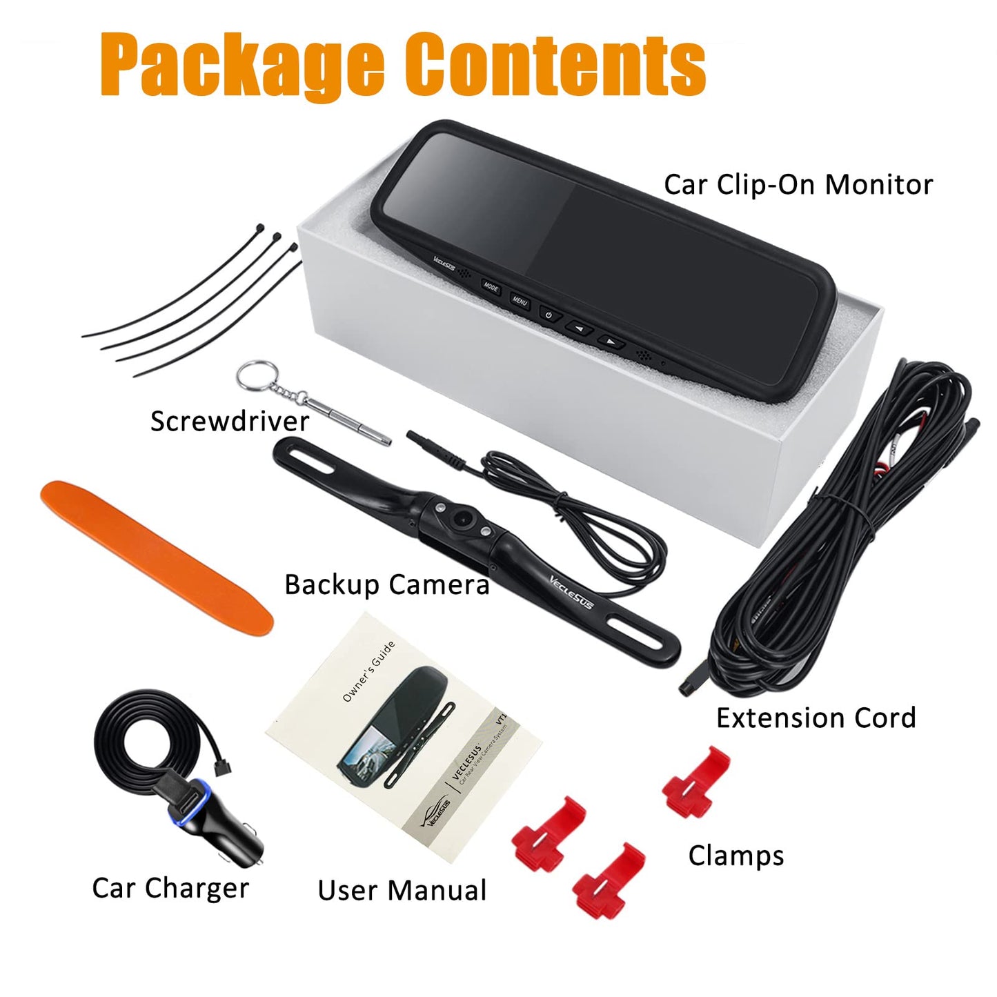 VECLESUS VT1 1080P Wired Car Backup Camera Kit, Easy to Install for Continuous or Reversing Viewing, 4.3" in-Mirror Clip-on Monitor with HD Backup Camera for Cars, Pickups, SUVs, Vans, Sedans, Trucks