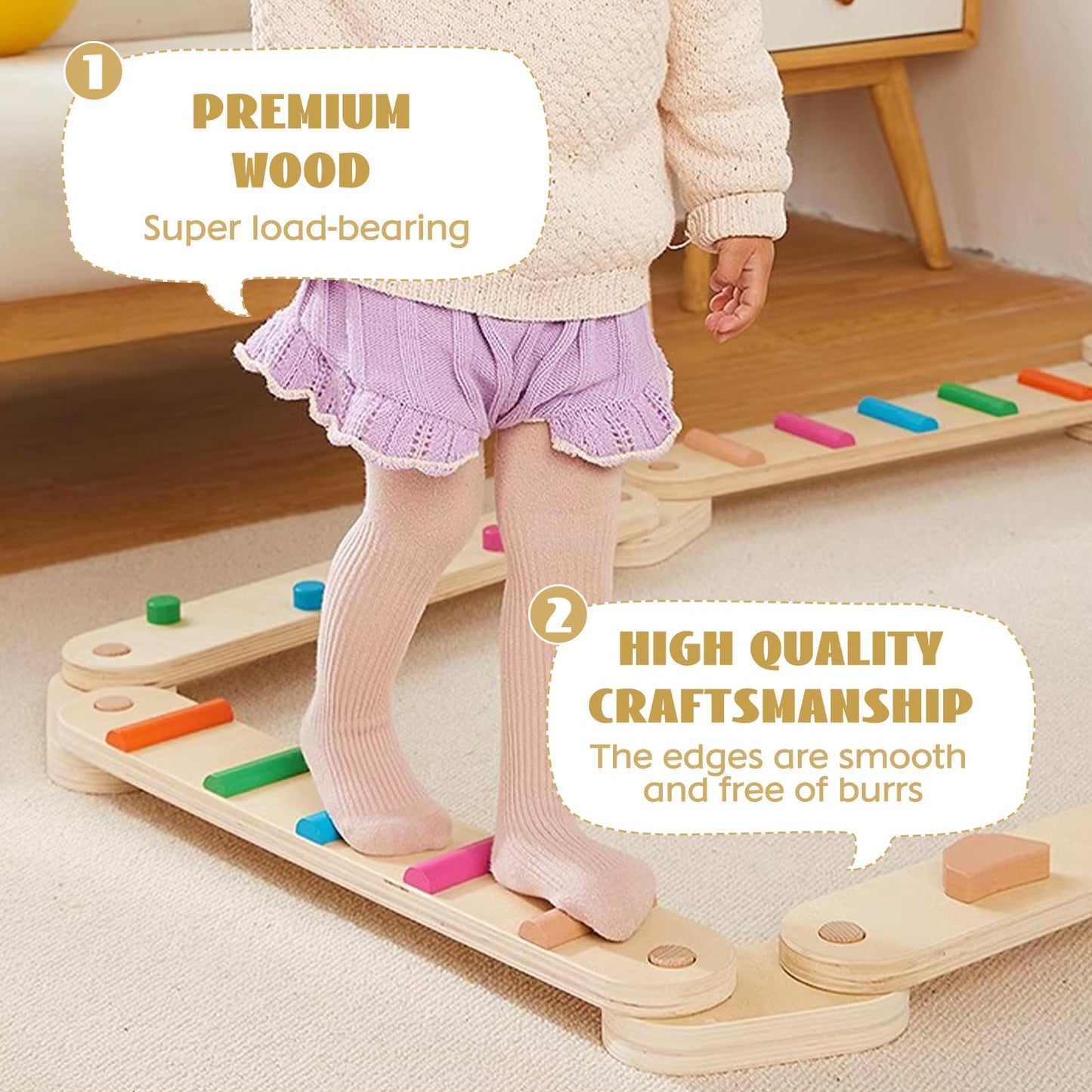 Kids Wooden Balance Beam for Coordination and Stability