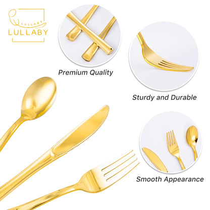 Lullaby 320pcs Gold Plastic Silverware, Gold Disposable Silverware Include 120 Forks, 100 Spoons, 100 Knives, Gold Plastic Flatware, Gold Cutlery Set Disposable for Weddings, Party and Daily Use