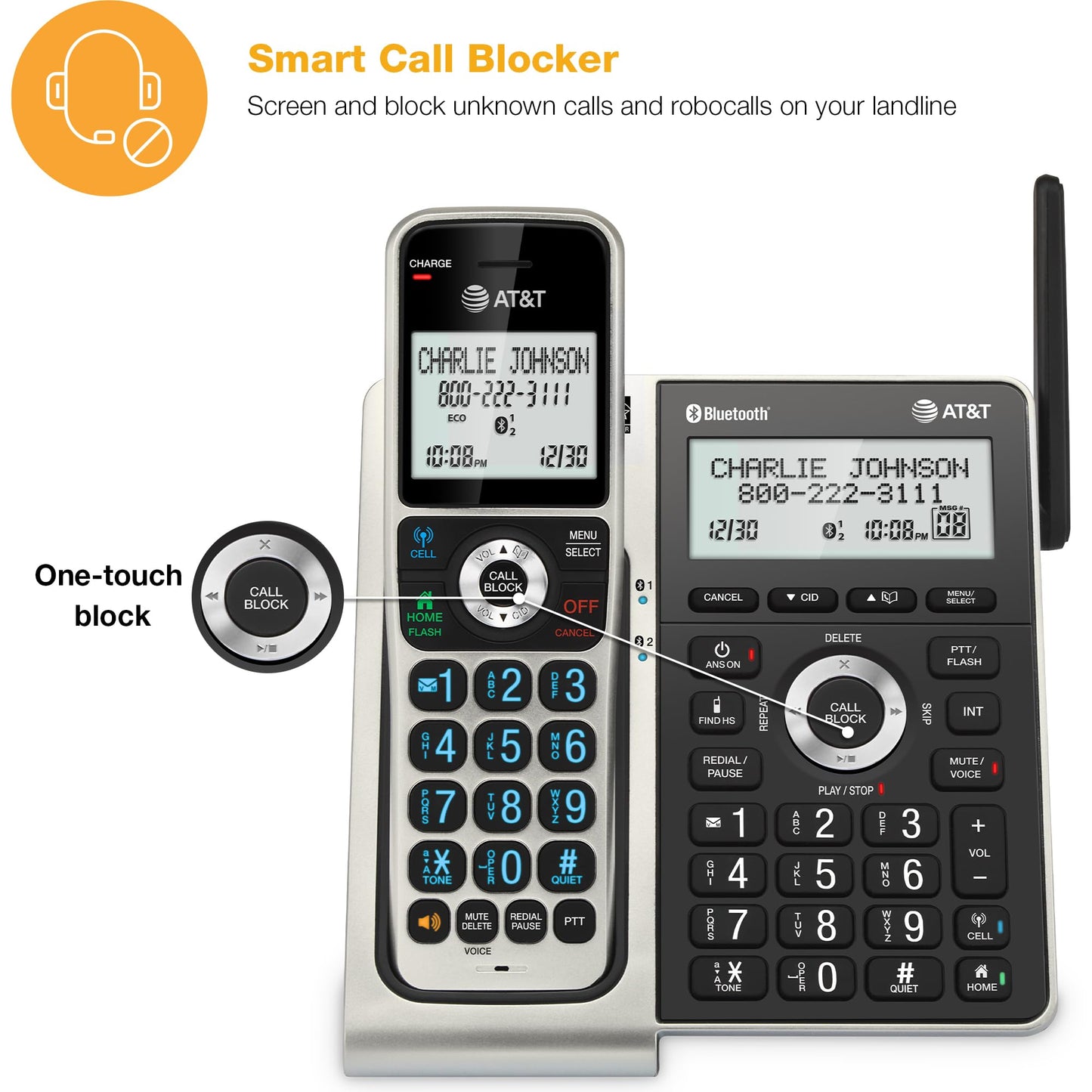 AT&T BL3107-5 5-Handset DECT 6.0 Cordless Home Phone with Bluetooth, Answering System, Smart Call Blocker, Extended Range,2" Backlit Screen, Lighted Keypad with Big Buttons, Caller ID & Call logs