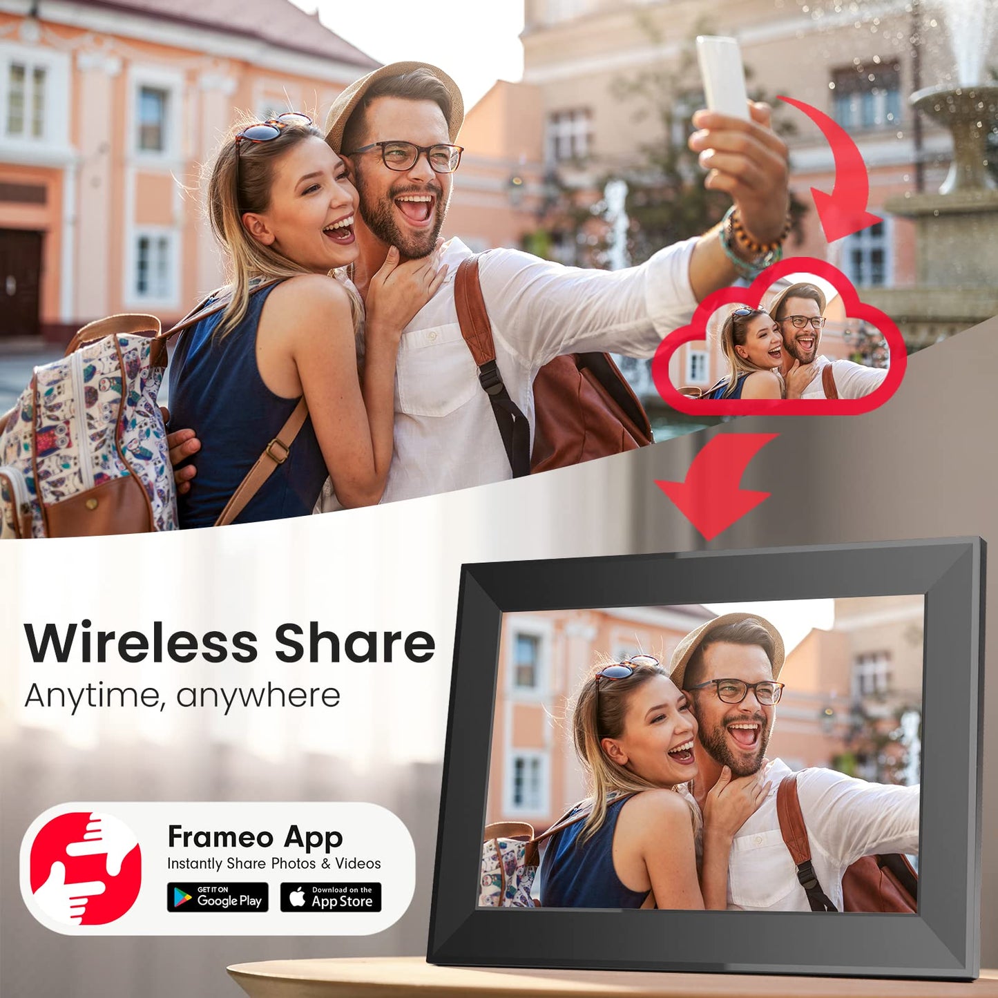 SKYRHYME 10.1 Inch Digital Picture Frame with 32GB Storage, FRAMEO WiFi Digital Photo Frame, 1280 * 800 IPS Touch Screen, Auto-Rotate Slideshow, Easy to Share Photo/Video via Free App