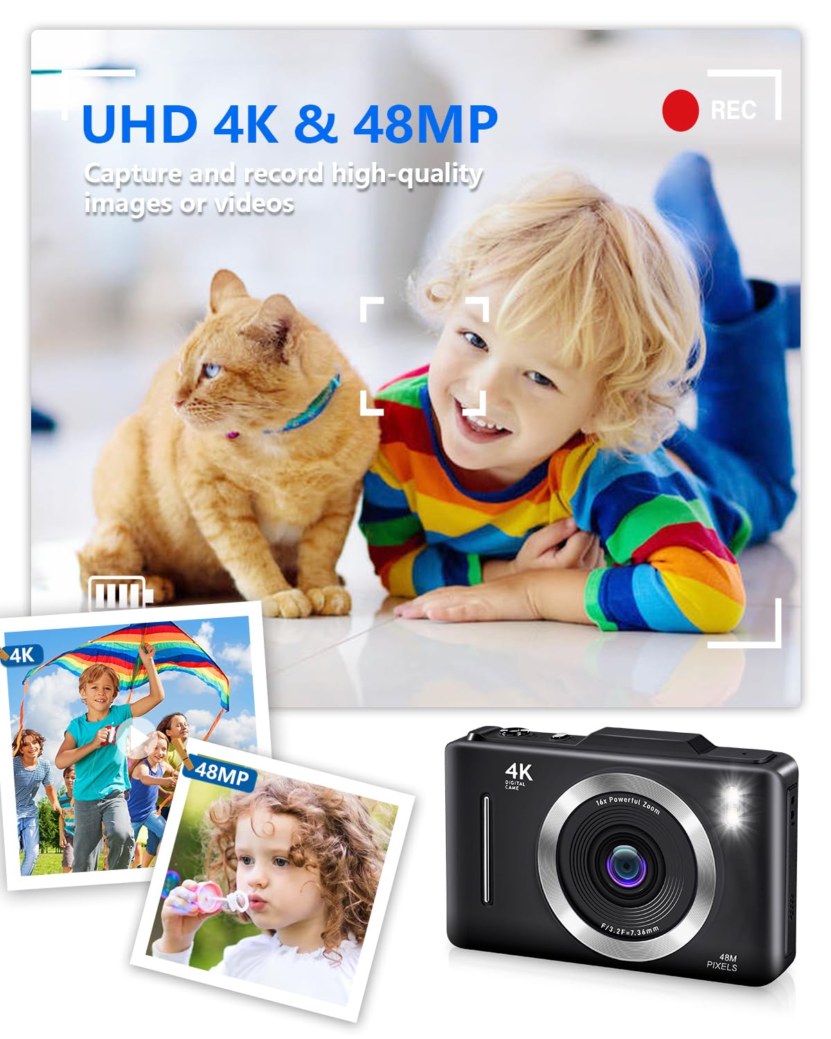 Digital Camera, FHD 1080P Kids Camera Digital with 16x Zoom Anti Shake, 32GB Card, 4K 48MP Portable Compact Point and Shoot Cameras, Vintage Small Camera for Teens Beginner Kids Present (Black)