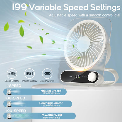 Portable Desk Fan - USB Rechargeable Small Personal Fan, Battery Operated with Variable Speeds, Ultra Quiet 180° Tilt Foldable for Home Office Beach Outdoor Cruise Travel Essentials, White