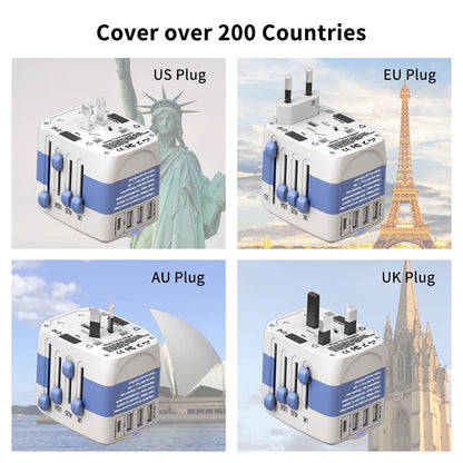 Universal Travel Adapter,International Plug Adapter,WAUDM All in One Universal USB Travel Power Adapter with 3 USB Port and Type-C for Multi-Nation Travel US EU UK Australia