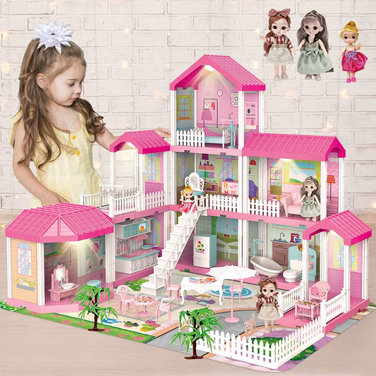 Dollhouse Building Toy Set with 5 Lights,3 Dolls& 2 Pets Princess Doll House and Furniture,Accessories,Stairway,Best STEM Pretend Play Toys for Girls Toddlers 27.7" Tall (9 Rooms)
