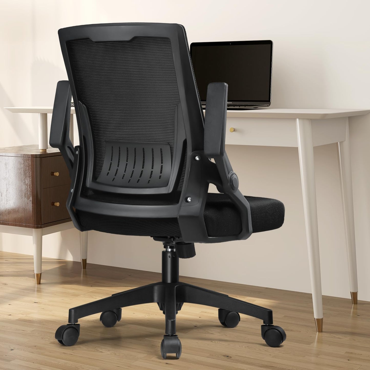 COMHOMA Office Chair with Flip-up Armrests Ergonomic Computer Desk Chair Foldable Mesh Task Chair with Wheels Adaptive Lumbar Support Swivel Tilt Comfortable Study Chair for Student, Black
